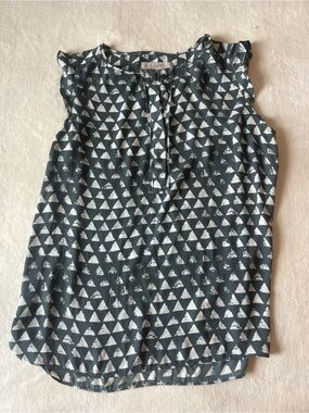 Ann Taylor LOFT Blouse Top Cap Sleeve Henley Button Geometric Gray White MED